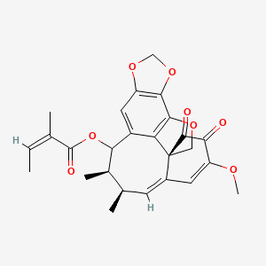 molecular formula C26H26O8 B1233219 (4aE,6R,7R,8S,14aS)-3-methoxy-6,7-dimethyl-1,2-dioxo-2,6,7,8-tetrahydro-1H-10,12,13-trioxabenzo[1,8]cycloocta[1,2,3-cd]-as-indacen-8-yl rel-(2Z)-2-methylbut-2-enoate 