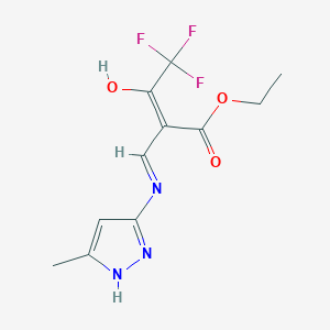 molecular formula C11H12F3N3O3 B12334056 ethyl (E)-4,4,4-trifluoro-3-hydroxy-2-[(5-methyl-1H-pyrazol-3-yl)iminomethyl]but-2-enoate 