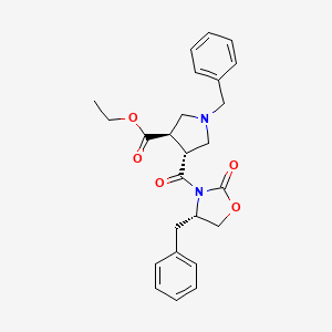 3-Pyrrolidinecarboxylic acid, 4-[[(4S)-2-oxo-4-(phenylmethyl)-3-oxazolidinyl]carbonyl]-1-(phenylmethyl)-, ethyl ester, (3R,4R)-