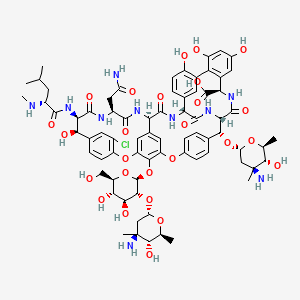 molecular formula C73H89ClN10O26 B1233712 (1S,2R,18R,19R,22S,25R,28R,40R)-2-[(2R,4S,5R,6S)-4-amino-5-hydroxy-4,6-dimethyloxan-2-yl]oxy-48-[(2S,3R,4S,5S,6R)-3-[(2R,4S,5R,6S)-4-amino-5-hydroxy-4,6-dimethyloxan-2-yl]oxy-4,5-dihydroxy-6-(hydroxymethyl)oxan-2-yl]oxy-22-(2-amino-2-oxoethyl)-15-chloro-18,32,35,37-tetrahydroxy-19-[[(2R)-4-methyl-2-(methylamino)pentanoyl]amino]-20,23,26,42,44-pentaoxo-7,13-dioxa-21,24,27,41,43-pentazaoctacyclo[26.14.2.23,6.214,17.18,12.129,33.010,25.034,39]pentaconta-3(50),4,6(49),8(48),9,11,14,16,29(45),30,32,34(39),35,37,46-pentadecaene-40-carboxylic acid 
