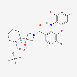 molecular formula C26H29F3IN3O4 B12338182 1-Piperidinecarboxylic acid, 2-[1-[3,4-difluoro-2-[(2-fluoro-4-iodophenyl)amino]benzoyl]-3-hydroxy-3-azetidinyl]-, 1,1-dimethylethyl ester, (2S)- CAS No. 934663-52-2