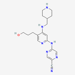 molecular formula C19H25N7O B12339233 5-((5-(3-Hydroxypropyl)-4-((piperidin-4-ylmethyl)amino)pyridin-2-yl)amino)pyrazine-2-carbonitrile 