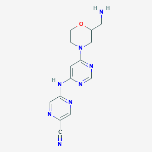 molecular formula C14H16N8O B12339255 5-((6-(2-(Aminomethyl)morpholino)pyrimidin-4-yl)amino)pyrazine-2-carbonitrile 