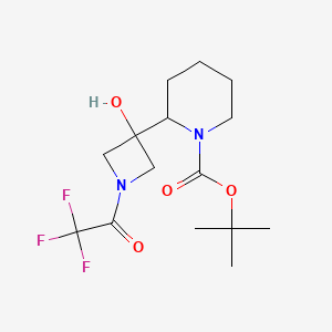 molecular formula C15H23F3N2O4 B12339767 Tert-butyl 2-(3-hydroxy-1-(2,2,2-trifluoroacetyl)azetidin-3-yl)piperidine-1-carboxylate 