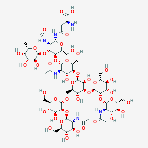 molecular formula C60H100N6O42 B1233983 N(4)-{2-acetamido-2-deoxy-beta-D-glucopyranosyl-(1->2)-alpha-D-mannopyranosyl-(1->3)-[2-acetamido-2-deoxy-beta-D-glucopyranosyl-(1->2)-alpha-D-mannopyranosyl-(1->6)]-beta-D-mannopyranosyl-(1->4)-2-acetamido-2-deoxy-beta-D-glucopyranosyl-(1->4)-[6-deoxy-alpha-L-galactopyranosyl-(1->3)]-2-acetamido-2-deoxy-beta-D-glucopyranosyl}-L-asparagine 