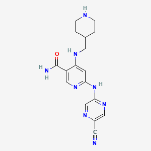 molecular formula C17H20N8O B12340283 6-((5-Cyanopyrazin-2-yl)amino)-4-((piperidin-4-ylmethyl)amino)nicotinamide 