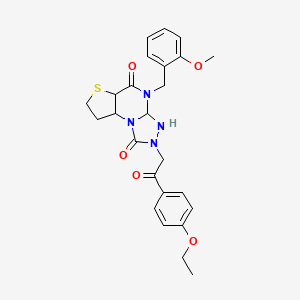 molecular formula C25H28N4O5S B12342238 11-[2-(4-Ethoxyphenyl)-2-oxoethyl]-8-[(2-methoxyphenyl)methyl]-5-thia-1,8,10,11-tetraazatricyclo[7.3.0.0^{2,6}]dodeca-2(6),3,9-triene-7,12-dione 