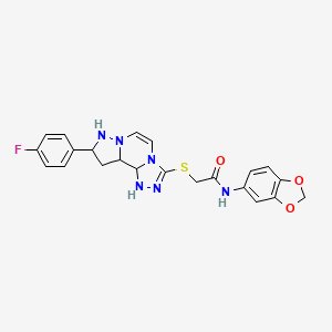 molecular formula C22H21FN6O3S B12342334 N-(2H-1,3-benzodioxol-5-yl)-2-{[11-(4-fluorophenyl)-3,4,6,9,10-pentaazatricyclo[7.3.0.0^{2,6}]dodeca-1(12),2,4,7,10-pentaen-5-yl]sulfanyl}acetamide 