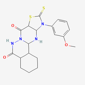 molecular formula C19H22N4O3S2 B12342569 15-(3-Methoxyphenyl)-14-sulfanylidene-13-thia-9,10,15,17-tetraazatetracyclo[8.7.0.0^{2,7}.0^{12,16}]heptadeca-1(17),2(7),3,5,12(16)-pentaene-8,11-dione 