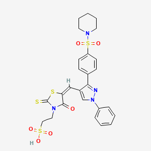 molecular formula C26H26N4O6S4 B1234309 2-[(5E)-4-Oxo-5-({1-phenyl-3-[4-(1-piperidinylsulfonyl)phenyl]-1H-pyrazol-4-YL}methylene)-2-thioxo-1,3-thiazolidin-3-YL]ethanesulfonic acid 