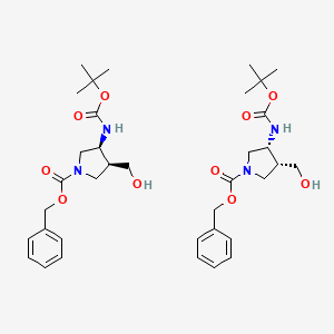 molecular formula C36H52N4O10 B12343587 Benzyl (3S,4S)-3-(hydroxymethyl)-4-[(2-methylpropan-2-yl)oxycarbonylamino]pyrrolidine-1-carboxylate;benzyl (3R,4R)-3-(hydroxymethyl)-4-[(2-methylpropan-2-yl)oxycarbonylamino]pyrrolidine-1-carboxylate 