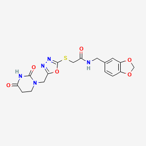 molecular formula C17H17N5O6S B12343736 N-[(2H-1,3-benzodioxol-5-yl)methyl]-2-({5-[(2,4-dioxo-1,2,3,4-tetrahydropyrimidin-1-yl)methyl]-1,3,4-oxadiazol-2-yl}sulfanyl)acetamide 