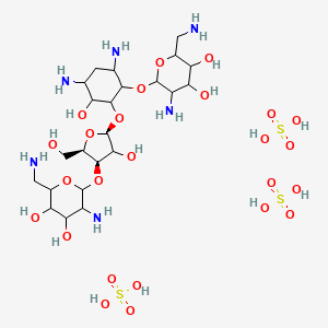 molecular formula C23H52N6O25S3 B1234405 5-amino-2-(aminomethyl)-6-[4,6-diamino-2-[(2S,4R,5R)-4-[3-amino-6-(aminomethyl)-4,5-dihydroxyoxan-2-yl]oxy-3-hydroxy-5-(hydroxymethyl)oxolan-2-yl]oxy-3-hydroxycyclohexyl]oxyoxane-3,4-diol;sulfuric acid 