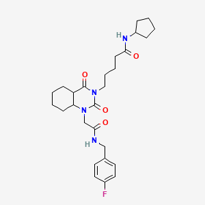 molecular formula C27H37FN4O4 B12344511 N-cyclopentyl-5-[1-[2-[(4-fluorophenyl)methylamino]-2-oxoethyl]-2,4-dioxo-4a,5,6,7,8,8a-hexahydroquinazolin-3-yl]pentanamide 