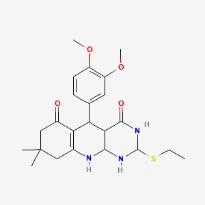 molecular formula C23H31N3O4S B12344958 5-(3,4-dimethoxyphenyl)-2-(ethylsulfanyl)-8,8-dimethyl-3H,4H,5H,6H,7H,8H,9H,10H-pyrimido[4,5-b]quinoline-4,6-dione 