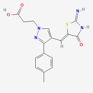 molecular formula C17H16N4O3S B12345395 3-(4-{[(5Z)-2-imino-4-oxo-1,3-thiazolidin-5-ylidene]methyl}-3-(4-methylphenyl)-1H-pyrazol-1-yl)propanoic acid 