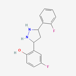 molecular formula C15H14F2N2O B12345462 4-Fluoro-2-[5-(2-fluorophenyl)pyrazolidin-3-yl]phenol 