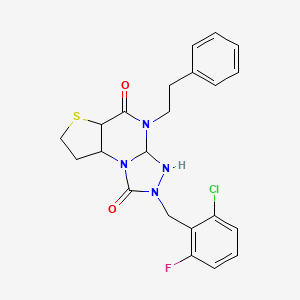 molecular formula C22H22ClFN4O2S B12345612 11-[(2-Chloro-6-fluorophenyl)methyl]-8-(2-phenylethyl)-5-thia-1,8,10,11-tetraazatricyclo[7.3.0.0^{2,6}]dodeca-2(6),3,9-triene-7,12-dione 