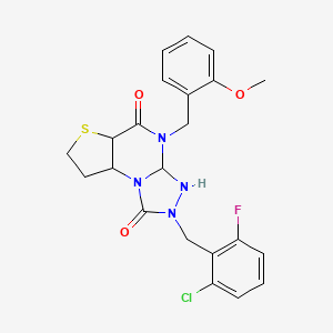 molecular formula C22H22ClFN4O3S B12345662 11-[(2-Chloro-6-fluorophenyl)methyl]-8-[(2-methoxyphenyl)methyl]-5-thia-1,8,10,11-tetraazatricyclo[7.3.0.0^{2,6}]dodeca-2(6),3,9-triene-7,12-dione 