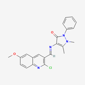 molecular formula C22H19ClN4O2 B12345951 (E)-4-(((2-chloro-6-methoxyquinolin-3-yl)methylene)amino)-1,5-dimethyl-2-phenyl-1H-pyrazol-3(2H)-one 