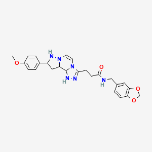 molecular formula C25H28N6O4 B12346182 N-[(2H-1,3-benzodioxol-5-yl)methyl]-3-[11-(4-methoxyphenyl)-3,4,6,9,10-pentaazatricyclo[7.3.0.0^{2,6}]dodeca-1(12),2,4,7,10-pentaen-5-yl]propanamide 