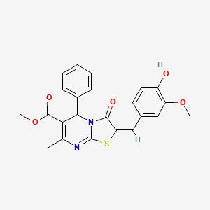 molecular formula C23H20N2O5S B12346358 (E)-methyl 2-(4-hydroxy-3-methoxybenzylidene)-7-methyl-3-oxo-5-phenyl-3,5-dihydro-2H-thiazolo[3,2-a]pyrimidine-6-carboxylate 