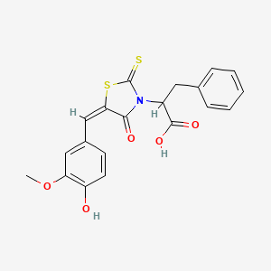 molecular formula C20H17NO5S2 B1234917 2-[(5E)-5-(4-Hydroxy-3-methoxybenzylidene)-4-oxo-2-thioxo-1,3-thiazolidin-3-YL]-3-phenylpropanoic acid 