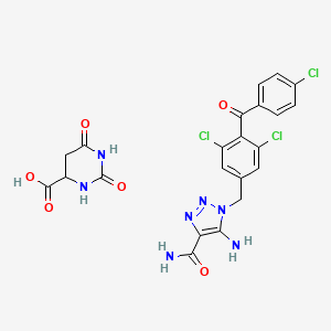 molecular formula C22H18Cl3N7O6 B12349708 5-amino-1-[[3,5-dichloro-4-(4-chlorobenzoyl)phenyl]methyl]triazole-4-carboxamide;2,6-dioxo-1,3-diazinane-4-carboxylic acid 