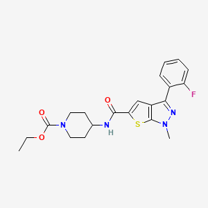 molecular formula C21H23FN4O3S B1235176 4-[[[3-(2-Fluorophenyl)-1-methyl-5-thieno[2,3-c]pyrazolyl]-oxomethyl]amino]-1-piperidinecarboxylic acid ethyl ester 
