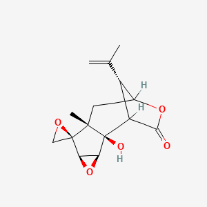 molecular formula C15H18O5 B1235201 (2R,3S,5R,6R,7R,12R)-2-hydroxy-7-methyl-12-prop-1-en-2-ylspiro[4,10-dioxatetracyclo[7.2.1.02,7.03,5]dodecane-6,2'-oxirane]-11-one 