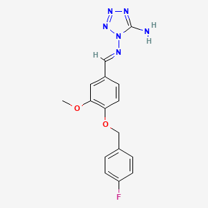 molecular formula C16H15FN6O2 B1235226 1-[[4-[(4-Fluorophenyl)methoxy]-3-methoxyphenyl]methylideneamino]tetrazol-5-amine 