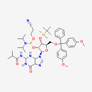 molecular formula C50H72N7O9PSi B12354298 Guanosine, 5'-O-[bis(4-methoxyphenyl)phenylmethyl]-3'-O-[(1,1-dimethylethyl)dimethylsilyl]-N-(2-methyl-1-oxopropyl)-, 2'-[2-cyanoethyl N,N-bis(1-methylethyl)phosphoramidite] 