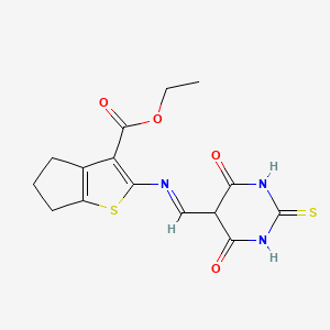 molecular formula C15H15N3O4S2 B1235534 ethyl 2-{[(1E)-(4,6-dioxo-2-thioxohexahydropyrimidin-5-yl)methylene]amino}-5,6-dihydro-4H-cyclopenta[b]thiophene-3-carboxylate 