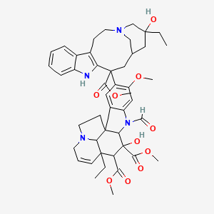 molecular formula C46H56N4O10 B1235573 Dimethyl 12-ethyl-4-(17-ethyl-17-hydroxy-13-methoxycarbonyl-1,11-diazatetracyclo[13.3.1.04,12.05,10]nonadeca-4(12),5,7,9-tetraen-13-yl)-8-formyl-10-hydroxy-5-methoxy-8,16-diazapentacyclo[10.6.1.01,9.02,7.016,19]nonadeca-2,4,6,13-tetraene-10,11-dicarboxylate 