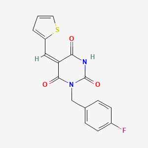 molecular formula C16H11FN2O3S B1235710 (5E)-1-[(4-氟苯基)甲基]-5-(噻吩-2-基亚甲基)-1,3-二氮杂环-2,4,6-三酮 