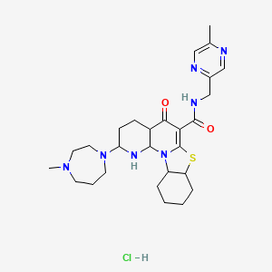 molecular formula C27H40ClN7O2S B12357843 4-(4-methyl-1,4-diazepan-1-yl)-N-[(5-methylpyrazin-2-yl)methyl]-8-oxo-11-thia-1,3-diazatetracyclo[8.7.0.02,7.012,17]heptadec-9-ene-9-carboxamide;hydrochloride 