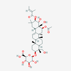 molecular formula C43H66O14 B1235856 (2S,3S,4S,5R,6R)-6-[[(3S,4R,4aR,6aR,6bS,8S,8aS,9R,10R,12aS,14aR,14bR)-8-acetyloxy-9-hydroxy-4,8a-bis(hydroxymethyl)-4,6a,6b,11,11,14b-hexamethyl-10-[(E)-2-methylbut-2-enoyl]oxy-1,2,3,4a,5,6,7,8,9,10,12,12a,14,14a-tetradecahydropicen-3-yl]oxy]-3,4,5-trihydroxyoxane-2-carboxylic acid 