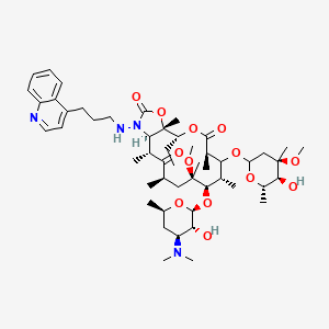 molecular formula C51H80N4O13 B1235865 (1R,2R,4R,6R,7R,8S,10R,13R,14S)-7-[(2S,3R,4S,6R)-4-(dimethylamino)-3-hydroxy-6-methyl-tetrahydropyran-2-yl]oxy-13-ethyl-9-[(4R,5S,6S)-5-hydroxy-4-methoxy-4,6-dimethyl-tetrahydropyran-2-yl]oxy-6-methoxy-2,4,6,8,10,14-hexamethyl-17-[3-(4-quinolyl)propylamino]-12,15-dioxa-17-azabicyclo[12.3.0]heptadecane-3,11,16-trione 