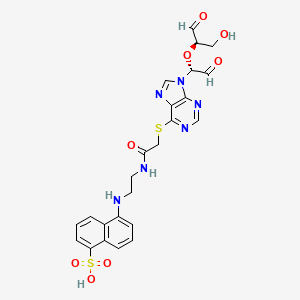 molecular formula C24H24N6O8S2 B1235940 5-[2-[[2-[9-[(1R)-1-[(2R)-1-hydroxy-3-oxopropan-2-yl]oxy-2-oxoethyl]purin-6-yl]sulfanylacetyl]amino]ethylamino]naphthalene-1-sulfonic acid CAS No. 52484-62-5