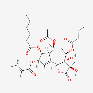 molecular formula C32H46O12 B1235988 [(3R,3aS,4S,6S,7R)-6-acetyloxy-4-butanoyloxy-3,3a-dihydroxy-3,6,9-trimethyl-8-[(E)-2-methylbut-2-enoyl]oxy-2-oxo-4,5,6a,7,8,9b-hexahydroazuleno[4,5-b]furan-7-yl] hexanoate 