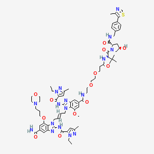 molecular formula C71H91N17O13S B12362522 2-[(2-ethyl-5-methylpyrazole-3-carbonyl)amino]-1-[(E)-4-[2-[(2-ethyl-5-methylpyrazole-3-carbonyl)amino]-5-[2-[2-[3-[[(2R)-1-[(2S,4R)-4-hydroxy-2-[[4-(4-methyl-1,3-thiazol-5-yl)phenyl]methylcarbamoyl]pyrrolidin-1-yl]-3,3-dimethyl-1-oxobutan-2-yl]amino]-3-oxopropoxy]ethoxy]ethylcarbamoyl]-7-methoxybenzimidazol-1-yl]but-2-enyl]-7-(3-morpholin-4-ylpropoxy)benzimidazole-5-carboxamide 