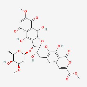 molecular formula C33H30O17 B1236873 methyl (3R,3'R)-3,4',9',10-tetrahydroxy-3'-[(2S,4R,5S,6S)-5-hydroxy-4-methoxy-6-methyloxan-2-yl]oxy-7'-methoxy-5',8',9-trioxospiro[3,4-dihydropyrano[4,3-g]chromene-2,2'-3H-benzo[f][1]benzofuran]-7-carboxylate 