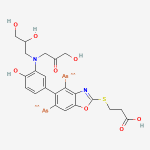 molecular formula C22H22As2N2O8S B1236886 Propanoic acid, 3-((5-((3-(bis(2,3-dihydroxypropyl)amino)-4-hydroxyphenyl)diarsenyl)-2-benzoxazolyl)thio)- CAS No. 120-76-3