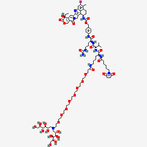 molecular formula C90H133FN12O32 B12370779 [4-[[(2S)-2-[[(2S)-2-[[(2S)-6-[3-[2-[2-[2-[2-[2-[2-[2-[2-[bis[(2S,3R,4R,5R)-2,3,4,5,6-pentahydroxyhexyl]amino]ethoxy]ethoxy]ethoxy]ethoxy]ethoxy]ethoxy]ethoxy]ethoxy]propanoylamino]-2-[6-(2,5-dioxopyrrol-1-yl)hexanoylamino]hexanoyl]amino]-3-methylbutanoyl]amino]-5-(carbamoylamino)pentanoyl]amino]phenyl]methyl N-[(10S,23S)-10-ethyl-18-fluoro-10-hydroxy-19-methyl-5,9-dioxo-8-oxa-4,15-diazahexacyclo[14.7.1.02,14.04,13.06,11.020,24]tetracosa-1,6(11),12,14,16,18,20(24)-heptaen-23-yl]carbamate 