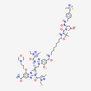 molecular formula C73H95N17O11S B12372294 2-[(2-ethyl-5-methylpyrazole-3-carbonyl)amino]-1-[(E)-4-[2-[(2-ethyl-5-methylpyrazole-3-carbonyl)amino]-5-[[9-[[(2R)-1-[(2S,4R)-4-hydroxy-2-[[4-(4-methyl-1,3-thiazol-5-yl)phenyl]methylcarbamoyl]pyrrolidin-1-yl]-3,3-dimethyl-1-oxobutan-2-yl]amino]-9-oxononyl]carbamoyl]-7-methoxybenzimidazol-1-yl]but-2-enyl]-7-(3-morpholin-4-ylpropoxy)benzimidazole-5-carboxamide 