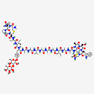 molecular formula C107H162N24O32S2 B12372568 (3S,9S,13R,16S)-N-[(2R)-1-[[(2S,3S)-1-[[(2S)-3-[4-[(2S,3R,4R,5S,6S)-3,5-dihydroxy-6-methyl-4-[(2R,3S,4S,5S,6S)-3,4,5-trihydroxy-6-methyloxan-2-yl]oxyoxan-2-yl]oxyphenyl]-1-[[(2S)-1-[[(2R)-1-[[(2S)-1-[[(2R)-1-[[(2S)-1-[[(2R)-1-[[(2S,3S)-1-[[(2R)-1-[[(2S)-1-[[(2Z,9S,12S,15S,18S,19S)-12-(hydroxymethyl)-9-(1H-indol-3-ylmethyl)-15,19-dimethyl-5,8,11,14,17-pentaoxo-1-thia-4,7,10,13,16-pentazacyclononadec-2-en-18-yl]amino]-1-oxopropan-2-yl]amino]-1-oxopropan-2-yl]amino]-3-methyl-1-oxopentan-2-yl]amino]-1-oxopropan-2-yl]amino]-1-oxopropan-2-yl]amino]-1-oxopropan-2-yl]amino]-3-methyl-1-oxobutan-2-yl]amino]-1-oxopropan-2-yl]amino]-1-oxopropan-2-yl]amino]-1-oxopropan-2-yl]amino]-3-methyl-1-oxopentan-2-yl]amino]-1-oxobutan-2-yl]-9-(dimethylamino)-3-methyl-6-methylidene-2,5,8,15-tetraoxo-11-thia-1,4,7,14-tetrazabicyclo[14.3.0]nonadecane-13-carboxamide 