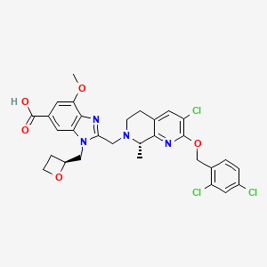 molecular formula C30H29Cl3N4O5 B12372610 2-[[(8S)-3-chloro-2-[(2,4-dichlorophenyl)methoxy]-8-methyl-6,8-dihydro-5H-1,7-naphthyridin-7-yl]methyl]-7-methoxy-3-[[(2S)-oxetan-2-yl]methyl]benzimidazole-5-carboxylic acid 