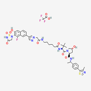 molecular formula C48H55F4N9O11S2 B12372737 (2S,4R)-1-[(2S)-2-[6-[[2-[4-[8-fluoro-6-hydroxy-7-(1,1,4-trioxo-1,2,5-thiadiazolidin-2-yl)naphthalen-2-yl]pyrazol-1-yl]acetyl]amino]hexanoylamino]-3,3-dimethylbutanoyl]-4-hydroxy-N-[(1S)-1-[4-(4-methyl-1,3-thiazol-5-yl)phenyl]ethyl]pyrrolidine-2-carboxamide;2,2,2-trifluoroacetic acid 