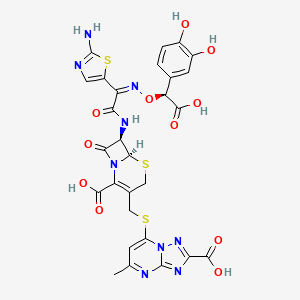 molecular formula C28H23N9O11S3 B1237289 (6R,7R)-7-[[(2Z)-2-(2-amino-1,3-thiazol-5-yl)-2-[(S)-carboxy-(3,4-dihydroxyphenyl)methoxy]iminoacetyl]amino]-3-[(2-carboxy-5-methyl-[1,2,4]triazolo[1,5-a]pyrimidin-7-yl)sulfanylmethyl]-8-oxo-5-thia-1-azabicyclo[4.2.0]oct-2-ene-2-carboxylic acid 