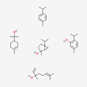 molecular formula C50H82O4 B1237338 3,7-dimethylocta-1,6-dien-3-ol;2-(4-methylcyclohex-3-en-1-yl)propan-2-ol;1-methyl-4-propan-2-ylbenzene;2-methyl-5-propan-2-ylbicyclo[3.1.0]hexan-2-ol;5-methyl-2-propan-2-ylphenol CAS No. 8007-46-3